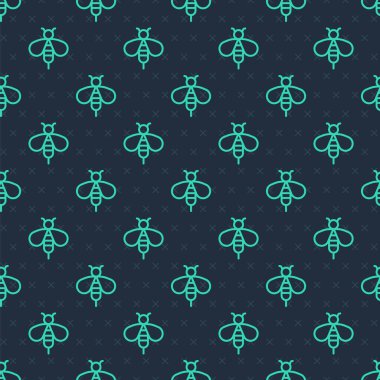 Yeşil çizgi ikonu, mavi arka planda kusursuz desen izole etti. Tatlı doğal yemek. Bal arısı ya da kanat sembollü apis. Uçan böcek. Vektör