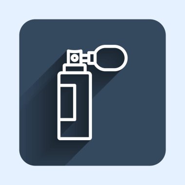 Beyaz çizgi parfüm ikonu uzun gölge arkaplan izole. Mavi kare düğme. Vektör