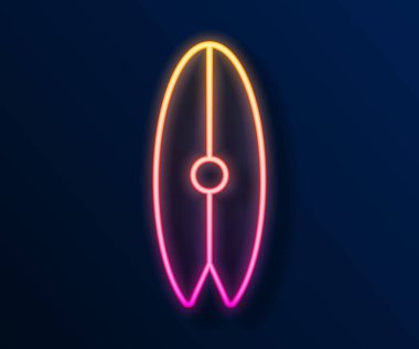 Parlayan neon çizgisi sörf tahtası simgesi siyah arkaplanda izole edildi. Sörf tahtası. Olağanüstü bir spor. Spor malzemeleri. Vektör