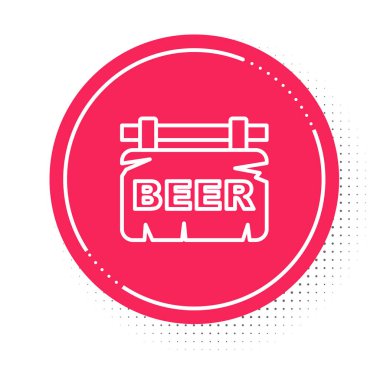 Beyaz çizgi sokak tabelasında beyaz arka planda izole edilmiş bira simgesi var. Reklamlar için uygun bar, kafe, bar, restoran. Kırmızı daire düğmesi. Vektör