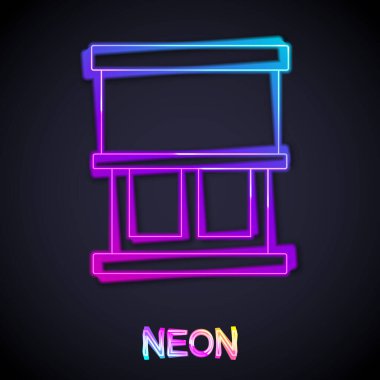 Siyah arkaplanda izole edilmiş oda simgesinde perdeleri olan parlak neon çizgisi penceresi. Vektör