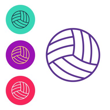 Beyaz zemin üzerinde izole edilmiş çizgi voleybol ikonu ayarla. Spor malzemeleri. Simgeleri renklendirin. Vektör