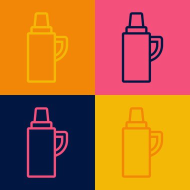 Pop sanat eseri termos konteynır simgesi renk arkaplanında izole edildi. Termo matara ikonu. Kamp ve yürüyüş ekipmanları. Vektör