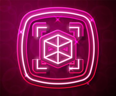 Parlayan neon hattı 3D modelleme simgesi kırmızı arkaplanda izole edildi. Artırılmış gerçeklik mi yoksa sanal gerçeklik mi? Vektör