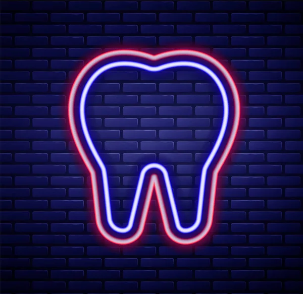 輝くネオンラインレンガの壁の背景に孤立歯のアイコン 歯科クリニックや歯科医療センターや歯磨き粉パッケージの歯のシンボル カラフルなアウトラインコンセプト ベクトル — ストックベクタ