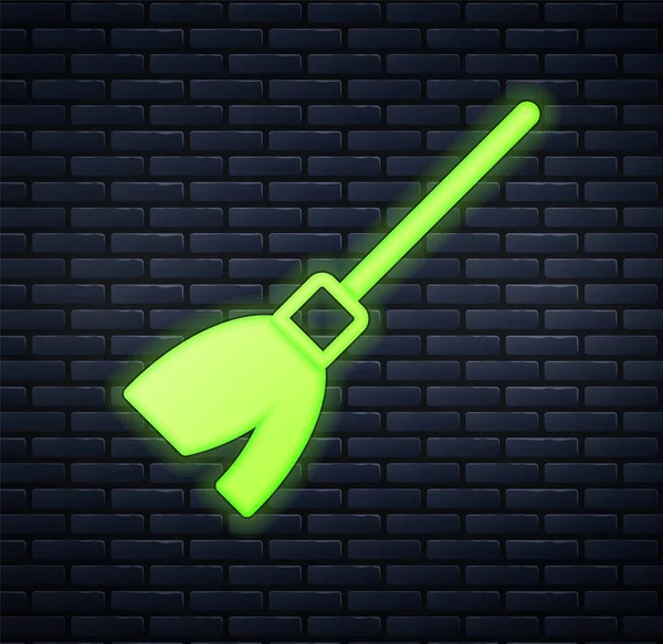 Glowing Neon Handle Broom Icon Isolated Brick Wall Background Cleaning — Stock Vector