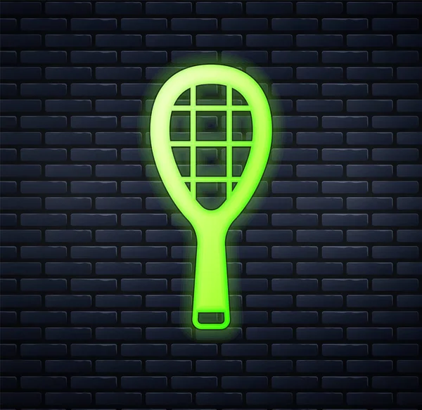 Leuchtende Neon Tennisschläger Symbol Isoliert Auf Backsteinwand Hintergrund Sportgeräte Vektor — Stockvektor