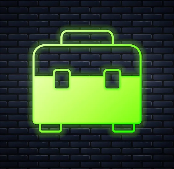 Glowing Neon Toolbox Icon Isolated Brick Wall Background Tool Box — Stock Vector