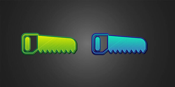 Green and blue Hand saw icon isolated on black background.  Vector