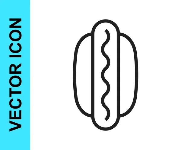 黒線白の背景にマスタードアイコンでホットドッグサンドイッチ ソーセージのアイコン ファーストフードの看板 ベクトル — ストックベクタ