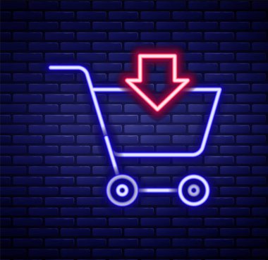 Parlayan neon hattı Tuğla duvarda izole edilmiş alışveriş arabası simgesine ekle. İnternetten satın alma konsepti. Servis tabelası. Süpermarket sepeti sembolü. Renkli taslak konsepti. Vektör