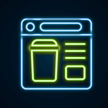 Parlayan neon hattı çevrimiçi sipariş veren ve fast food dağıtım ikonu siyah arkaplanda izole edilmiş. Renkli taslak konsepti. Vektör