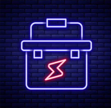 Parlayan neon hattı araç kutusu elektrik ikonu tuğla duvar arka planında izole edildi. Renkli taslak konsepti. Vektör