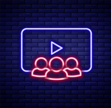 Parlayan neon hattı çevrimiçi sınıf simgesi tuğla duvar arka planında izole edildi. Çevrimiçi eğitim kavramı. Renkli taslak konsepti. Vektör