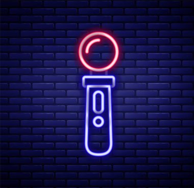 Parlayan neon hattı VR kontrol oyunu simgesi tuğla duvar arka planında izole edildi. Sanal gerçeklik deneyimi, mevcudiyet hissi, konum takip teknolojisi cihazı. Renkli taslak konsepti. Vektör