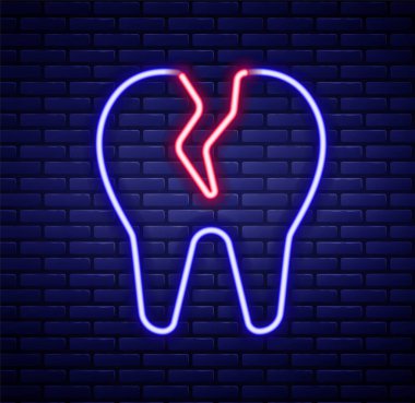 Parlayan neon hattı kırık diş simgesi tuğla duvar arka planında izole edilmiş. Diş problemi ikonu. Diş sağlığı sembolü. Renkli taslak konsepti. Vektör