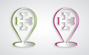 Kağıt kesiği Haçlı Seferi simgesi gri arka planda izole edilmiş. Kağıt sanatı tarzı. Vektör