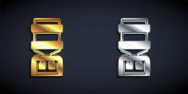 Ofis için altın ve gümüş su soğutucusu ve siyah arka planda izole edilmiş ev ikonu. Su dağıtıcısı. Şişe ofisi, plastik ve sıvı. Uzun gölge tarzı. Vektör