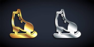 Siyah arka planda izole edilmiş altın ve gümüş patenler. Buz pateni ayakkabısı ikonu. Kılıçlı spor botlar. Uzun gölge tarzı. Vektör
