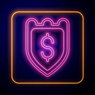 Siyah arkaplanda dolar sembolü olan parlayan neon kalkanı. Güvenlik kalkanı koruması. Para güvenliği konsepti. Vektör