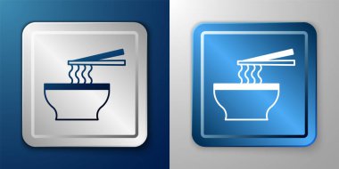 Mavi ve gri arka planda beyaz Asya erişteleri ve yemek çubukları ikonu. Sokak yemeği. Kore, Japon, Çin yemekleri. Gümüş ve mavi kare düğme. Vektör