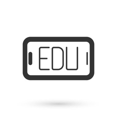 Grey Online eğitim ve mezuniyet ikonu beyaz arka planda izole edildi. İnternetteki öğretmen monitörde. Giyinme ve video semineri öğrenme. Vektör