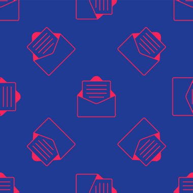 Kırmızı Zarfın üzerinde noel partisi davetiye kartı simgesi var. Mavi arkaplanda kusursuz desenler var. Mutlu Noeller ve mutlu yıllar. Vektör