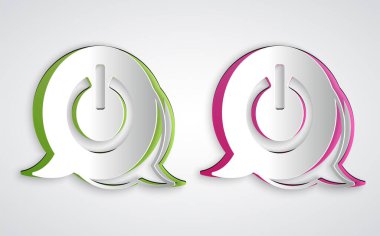 Kağıt kesme düğmesi simgesi gri arkaplanda izole edildi. Başlat işareti. Kağıt sanatı tarzı. Vektör