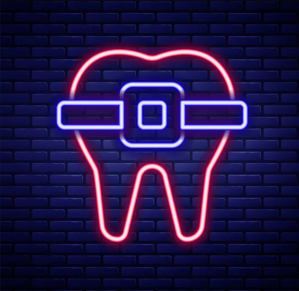 Glödande Neon Linje Tänder Med Hängslen Ikon Isolerad Tegel Vägg — Stock vektor