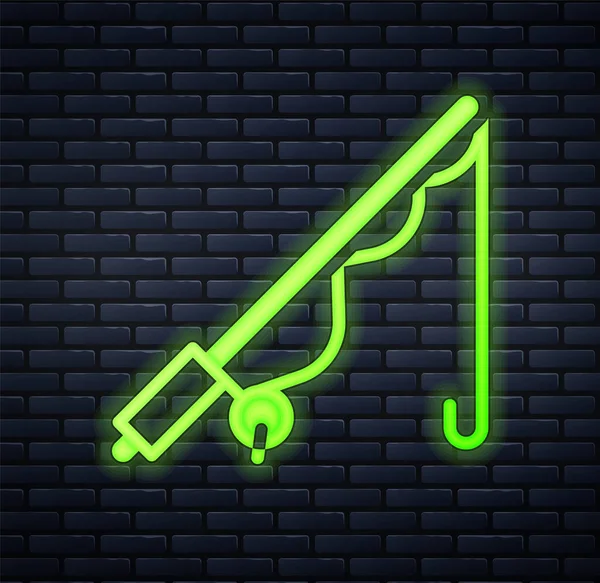 Glowing Neon Fishing Rod Icon Isolated Brick Wall Background Catch — Stock Vector