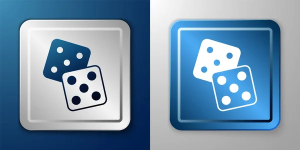 青とグレーの背景に隔離されたホワイトゲームダイスアイコン カジノのギャンブル シルバーとブルーの四角形のボタン ベクトル — ストックベクタ