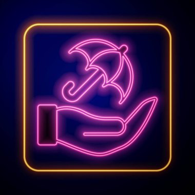 Elde parlayan neon şemsiye simgesi siyah arkaplanda izole edildi. Sigorta konsepti. Su geçirmez ikon. Koruma, güvenlik, güvenlik kavramı. Vektör