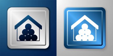 Beyaz tahta kütük simgesi mavi ve gri arkaplanda izole edildi. Yakacak odun yığını. Gümüş ve mavi kare düğme. Vektör