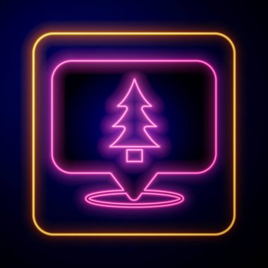 Siyah arkaplanda izole edilmiş bir harita ikonu üzerinde ormanın parlayan neon konumu. Vektör