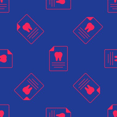 Diş kartı ya da hasta tıbbi kayıtları olan kırmızı pano mavi arka planda izole edilmiş kusursuz desen. Diş sigortası. Diş sağlığı kliniği raporu. Vektör