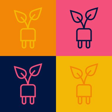 Yaprak simgesindeki elektrik prizi renk arkaplanında izole edildi. Elektrik tasarrufu. Çevresel koruma. Biyolojik enerji. Vektör