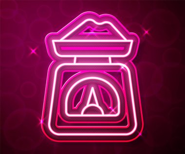 Parlayan neon çizgi Ölçekleme simgesi kırmızı arkaplanda izole edildi. Ağırlık ölçüm aletleri. Vektör