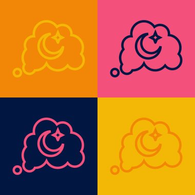 Pop Art Line Dreams simgesi renk arkaplanında izole edildi. Uyku, dinlenme, rüya kavramı. Dinlenmek ve rahatlamak için. Vektör