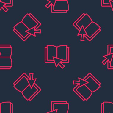 Kırmızı çizgi çevrimiçi kitap simgesi siyah arkaplandaki kusursuz deseni izole etti. İnternet eğitimi konsepti, e-öğrenme kaynakları, uzak online kurslar. Vektör