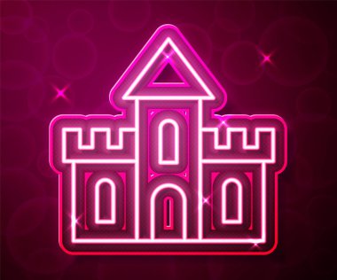 Parlayan neon hattı Kumdan kale simgesi kırmızı arkaplanda izole edildi. Vektör