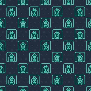 Demiryolu tüneli ikonundaki yeşil hat treni mavi arka planda izole edilmiş. Demiryolu tüneli. Vektör