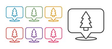 Beyaz arkaplanda izole edilmiş bir Noel ağacı simgesi belirle. Mutlu Noeller ve mutlu yıllar. Simgeleri renklendirin. Vektör