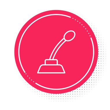 Beyaz çizgi mikrofon simgesi beyaz arkaplanda izole edildi. Radyodaki mikrofondan. Sözcü işareti. Kırmızı daire düğmesi. Vektör