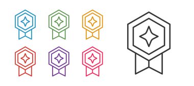 Beyaz arkaplanda madalya ikonu izole edilmiş çizgi oyunu derecesini ayarla. Oyun için seviye sonuçları. Simgeleri renklendirin. Vektör