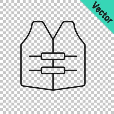 Siyah çizgi Hayat Ceketi simgesi şeffaf arkaplanda izole edildi. Can yeleği ikonu. Olağanüstü bir spor. Spor malzemeleri. Vektör