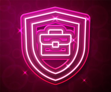 Kırmızı zemin üzerinde kalkan simgesi olan parlak neon çizgisi evrak çantası. Sigorta konsepti. Güvenlik, güvenlik, koruma, konsept koruma. Vektör