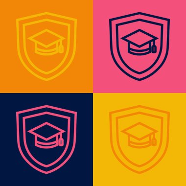 Popüler sanat serisi mezuniyet şapkası. Renkli arka planda kalkan simgesi var. Sigorta konsepti. Güvenlik, güvenlik, koruma, konsept koruma. Vektör
