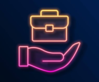 Parlayan neon çizgisi. El, siyah arka planda izole edilmiş evrak çantası simgesini tutuyor. Sigorta konsepti. Güvenlik, güvenlik, koruma, konsept koruma. Vektör