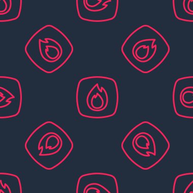 Kırmızı çizgi Ateş ikonu siyah arkaplanda izole edilmiş kusursuz desen. Vektör