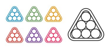 Beyaz arkaplanda izole edilmiş bir raf üçgeni simgesinde çizgi bilardo toplarını ayarla. Simgeleri renklendirin. Vektör